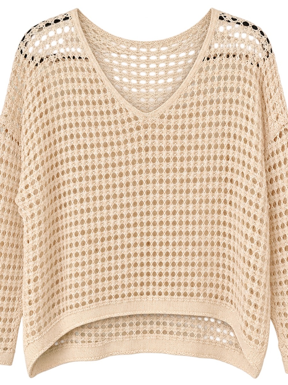 Beige Knit Open-Weave V-Neck Sweater or Beach Coverup